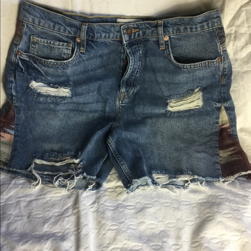 Free People Distressed Blue Denim Jean Shorts with Multicolor Side Panels